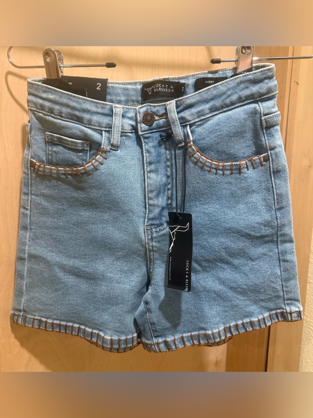 Lucky & Blessed Light Blue Denim Shorts with Brown Stitching Size 2 NEW